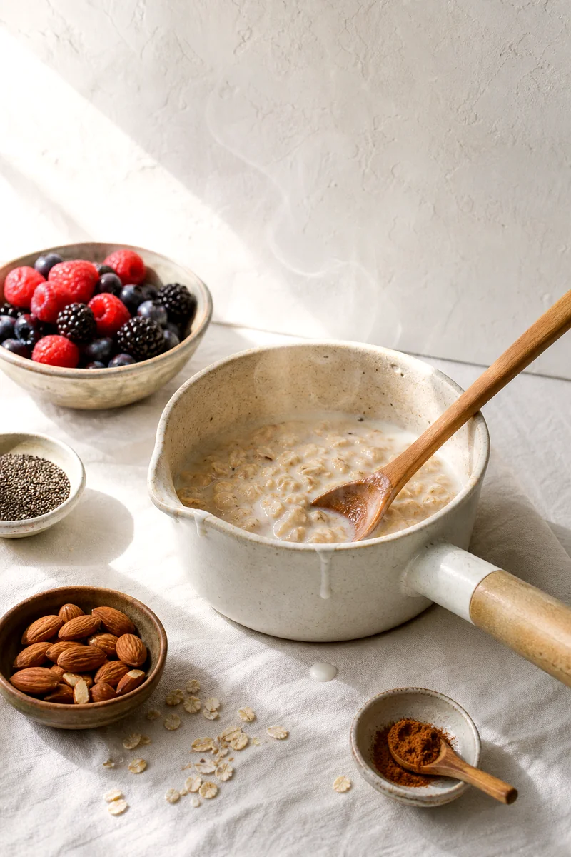 Creamy oats simmering in milk while a wooden spoon stirs them in a light colored pot