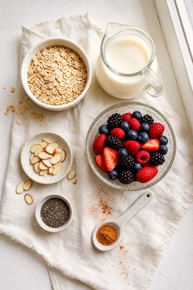 Rolled oats, mixed berries, almonds, chia seeds, cinnamon, and milk arranged on white linen