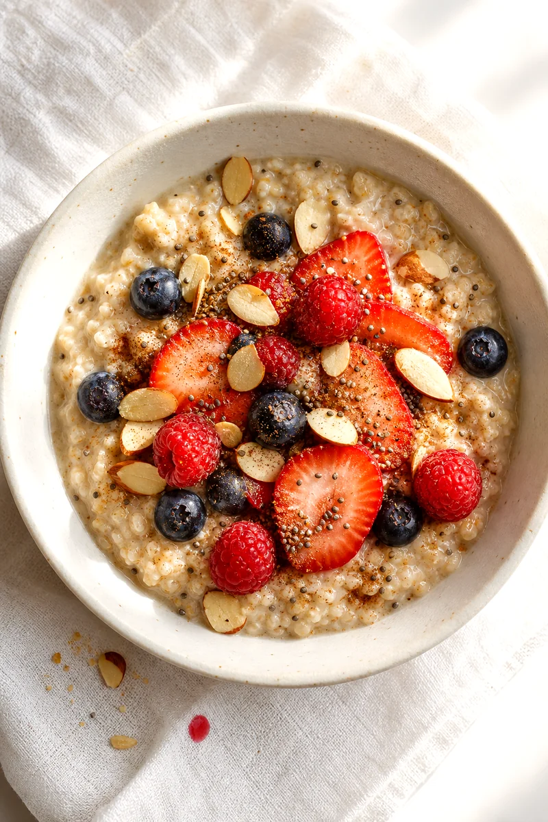 Top down view of warm oatmeal topped with berries, almonds, chia seeds, and cinnamon