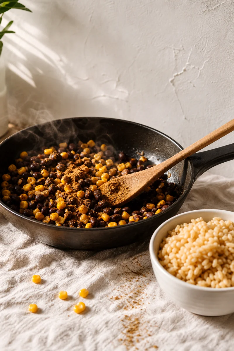 Black beans and corn warming with cumin in a skillet beside cooked brown rice