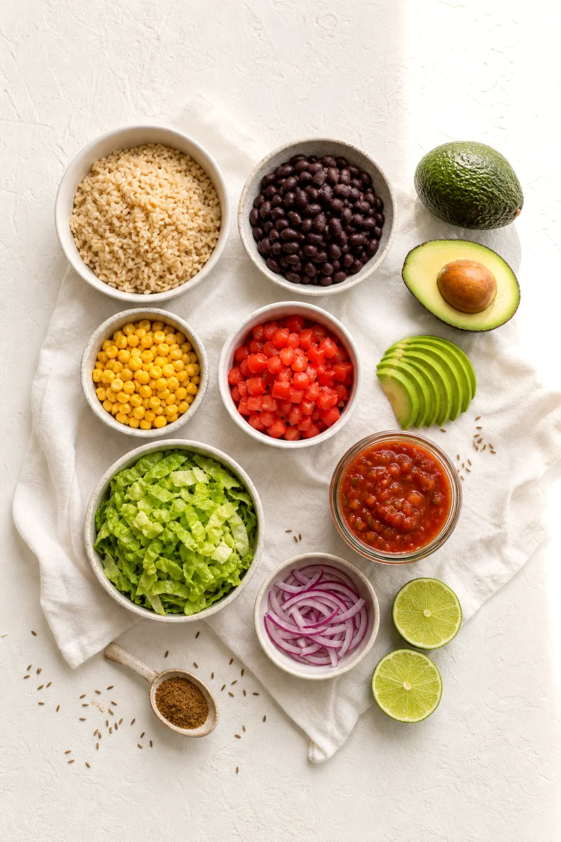 Brown rice, black beans, corn, tomatoes, lettuce, avocado, salsa, red onion, lime, and cumin arranged on linen