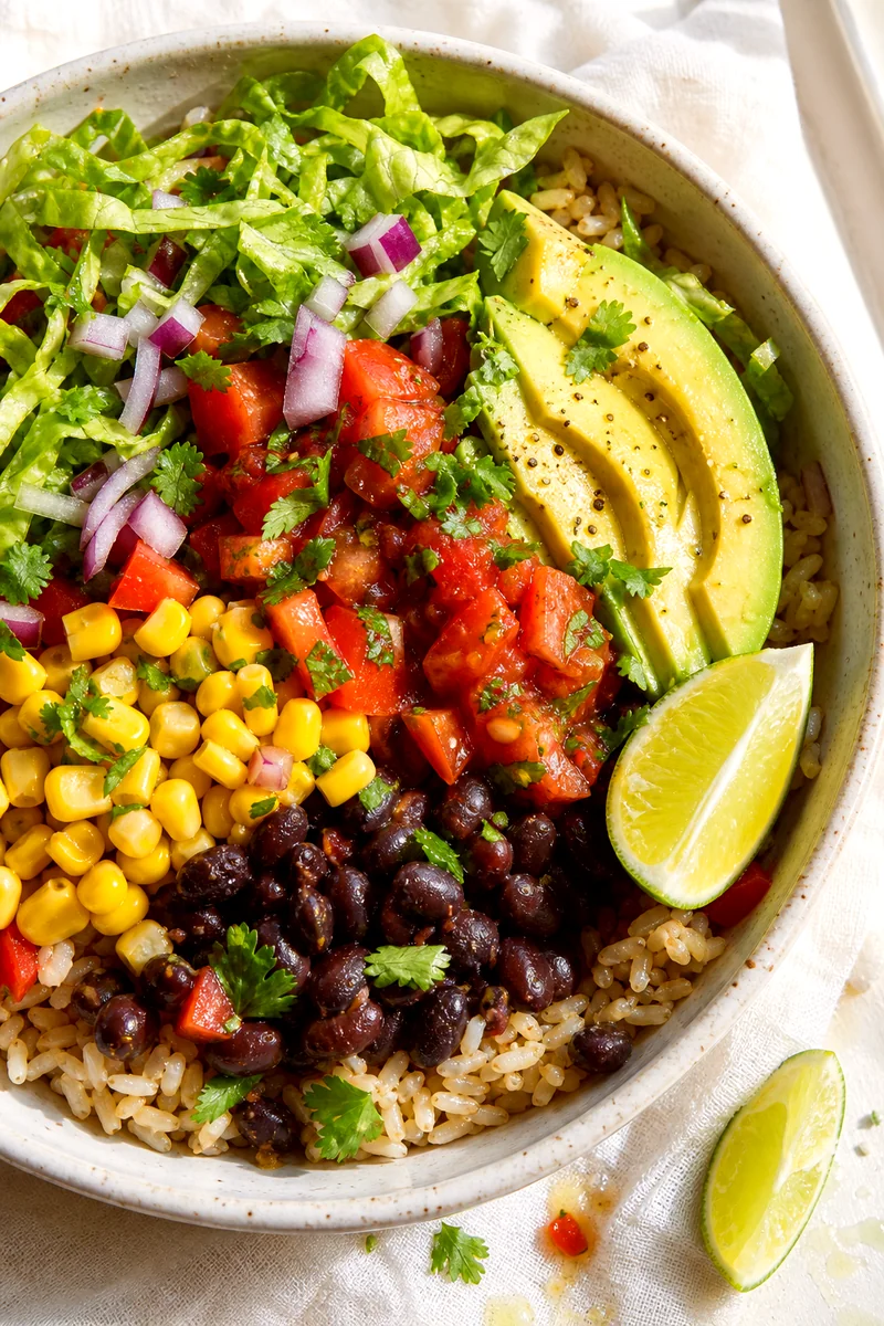 Top down burrito bowl with brown rice, black beans, corn, avocado, vegetables, salsa, and lime
