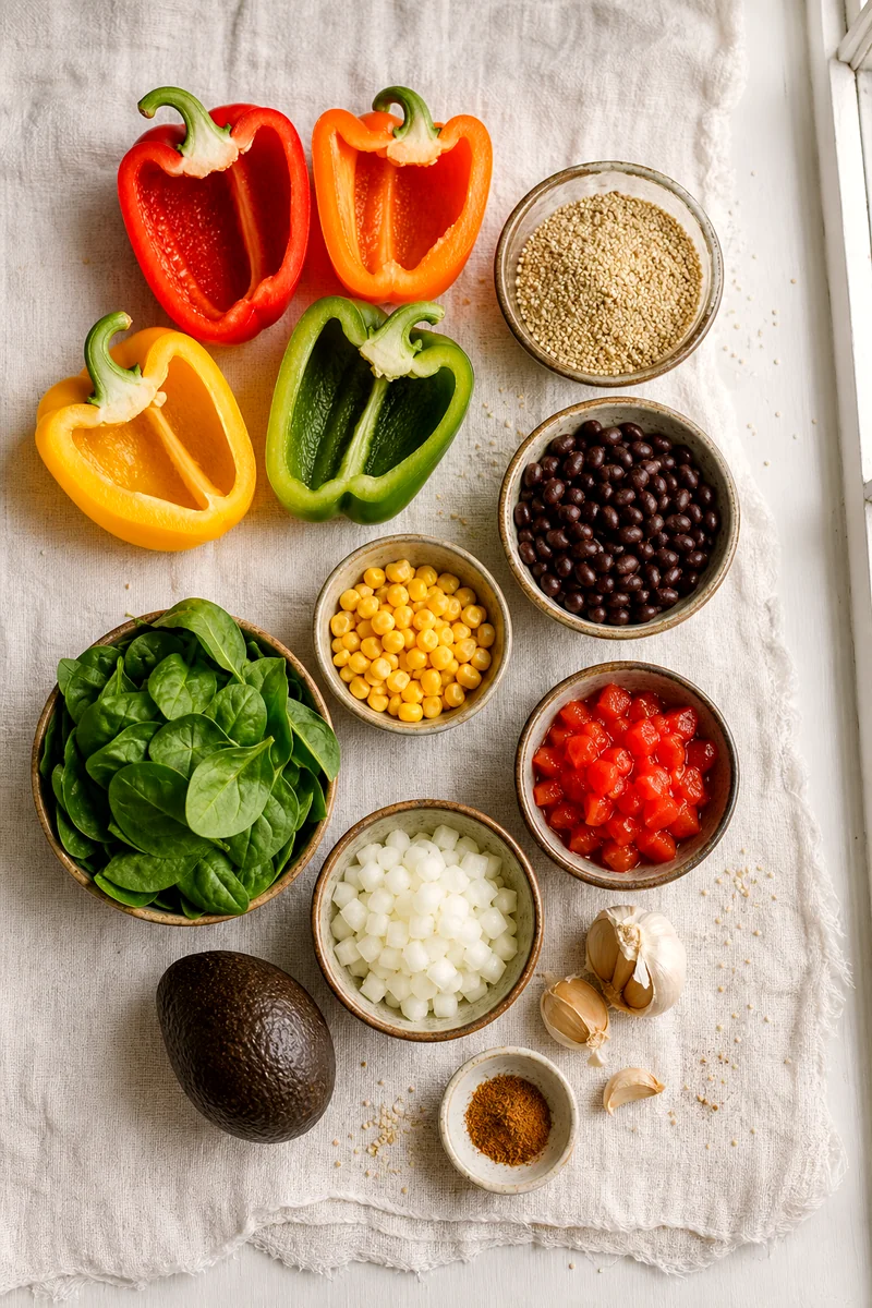 Bell peppers, quinoa, black beans, corn, tomatoes, spinach, onion, garlic, avocado, and cumin arranged on white linen