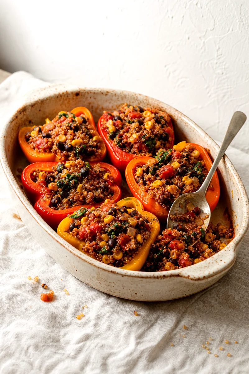 Bell pepper halves in a baking dish filled with quinoa, black beans, corn, tomatoes, and spinach