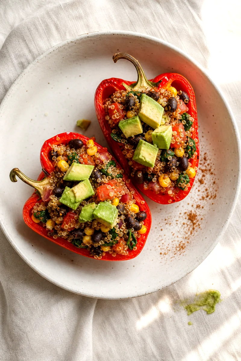Top down view of quinoa and black bean stuffed peppers topped with diced avocado on a white plate
