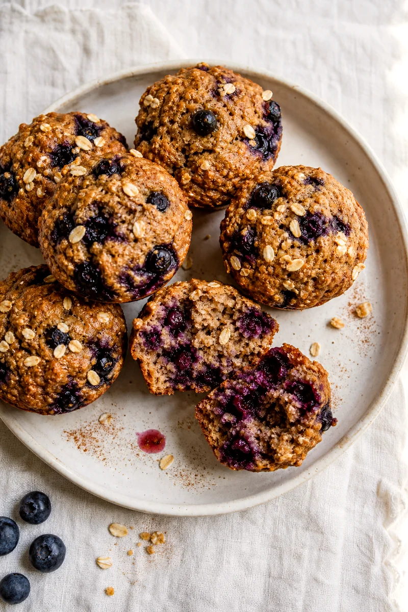 Split blueberry oat bran muffin showing moist crumb and baked blueberry pockets