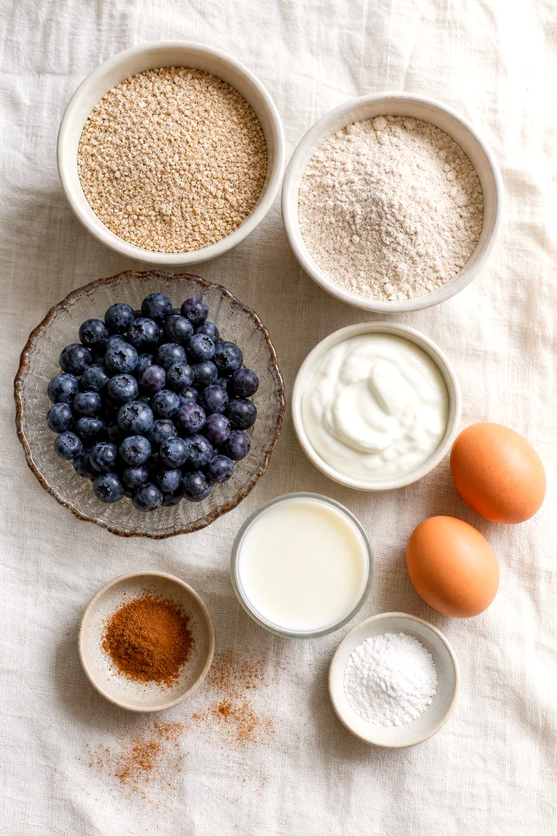 Oat bran, whole wheat flour, blueberries, yogurt, eggs, milk, cinnamon, and baking powder arranged on white linen