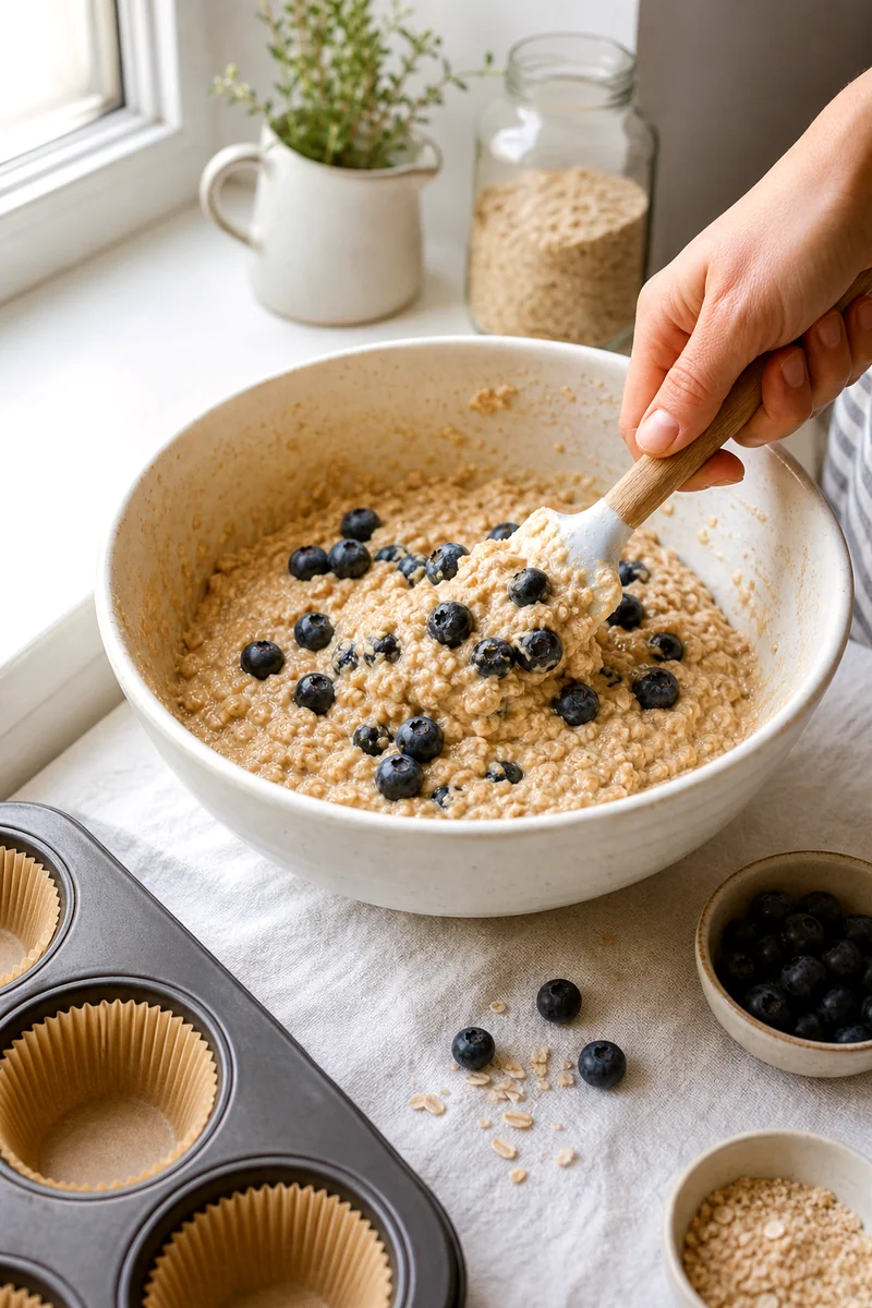 Blueberries being folded into thick oat bran muffin batter in a white ceramic bowl
