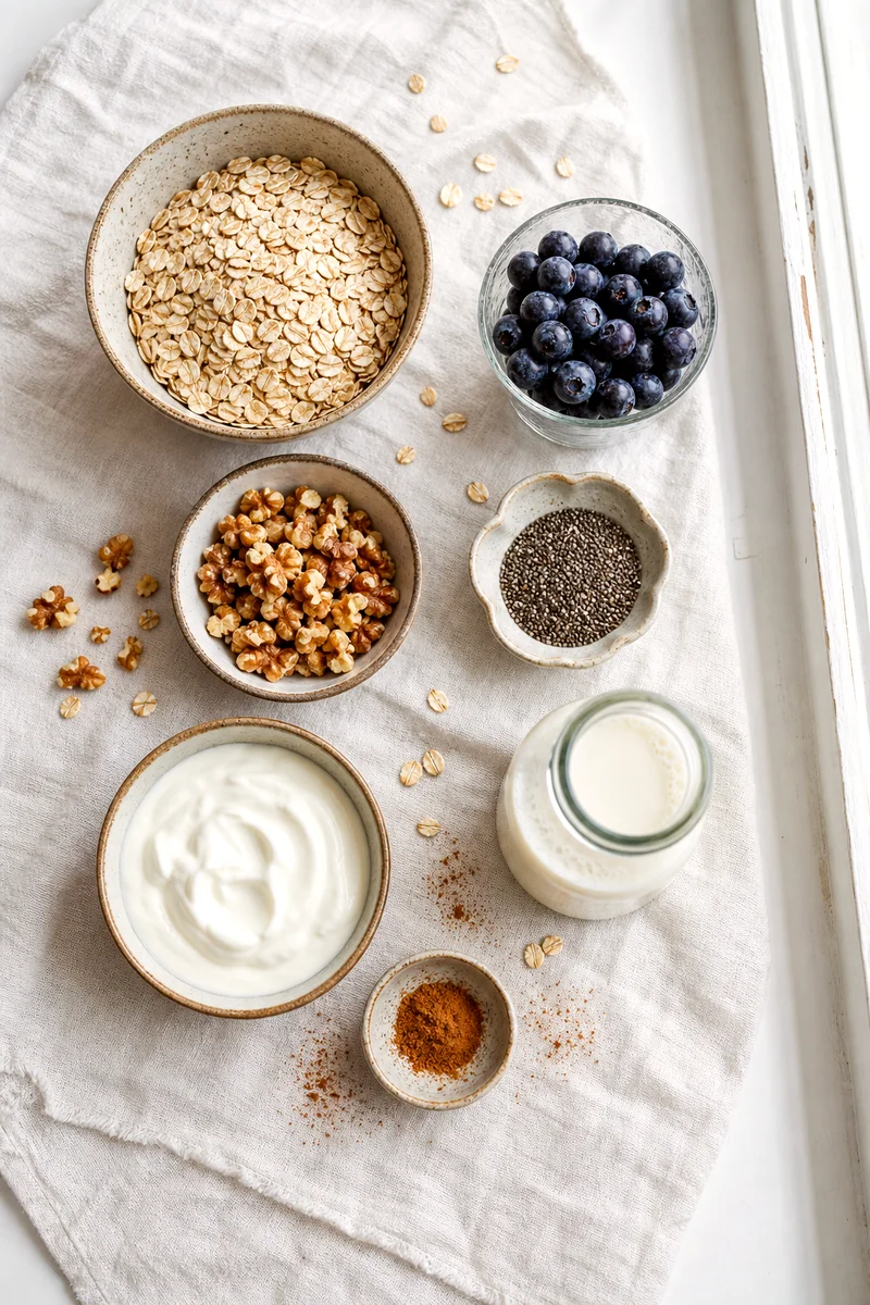 Rolled oats, blueberries, walnuts, chia seeds, yogurt, milk, and cinnamon arranged on white linen