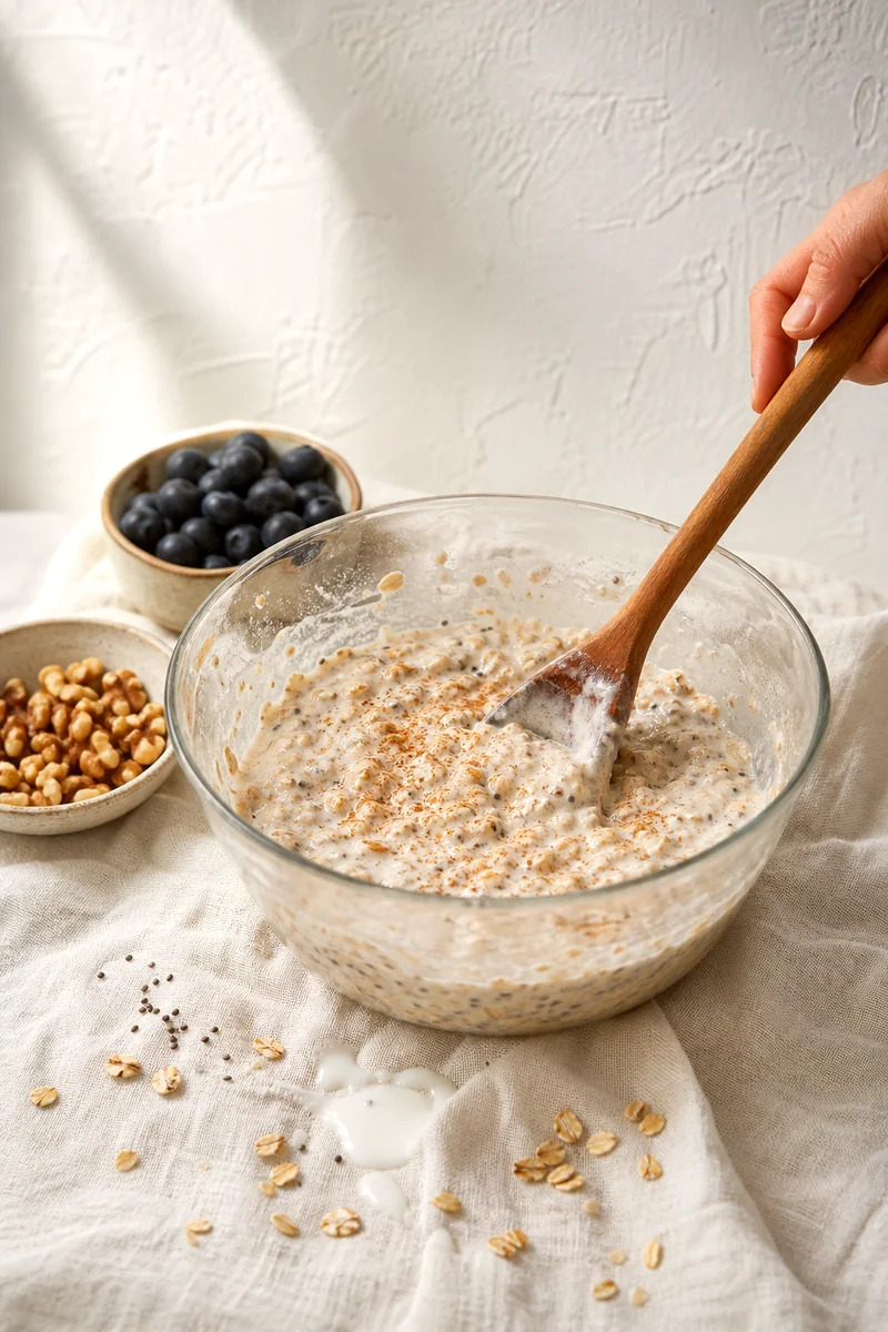 Wooden spoon stirring oats, chia seeds, yogurt, milk, and cinnamon in a glass bowl