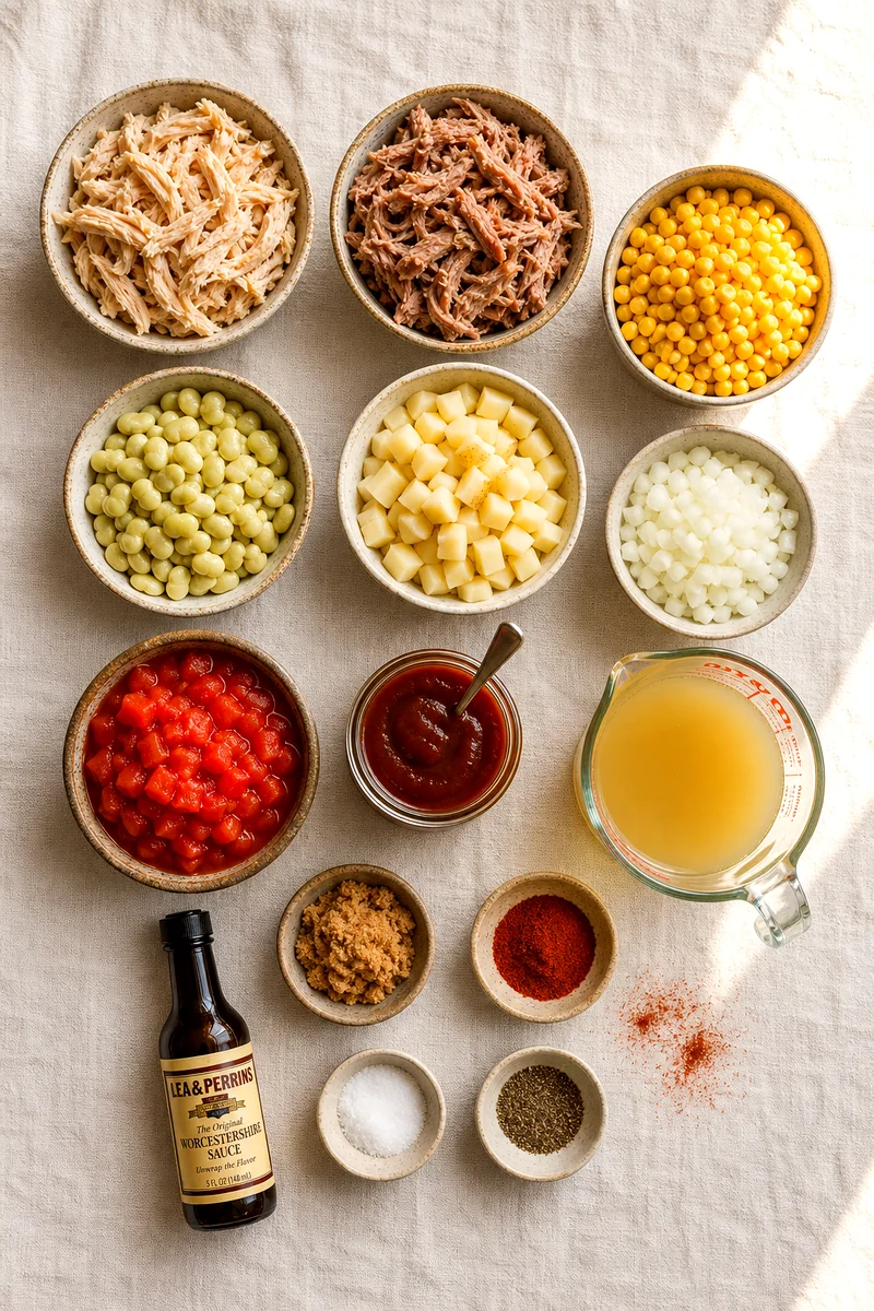 Ingredients for Brunswick stew arranged on white linen, including pulled meats, vegetables, broth, and seasonings