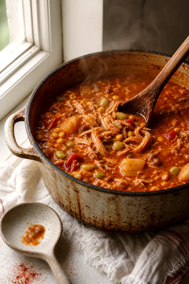 Wooden spoon stirring simmering Brunswick stew with shredded meat and vegetables in a rustic pot