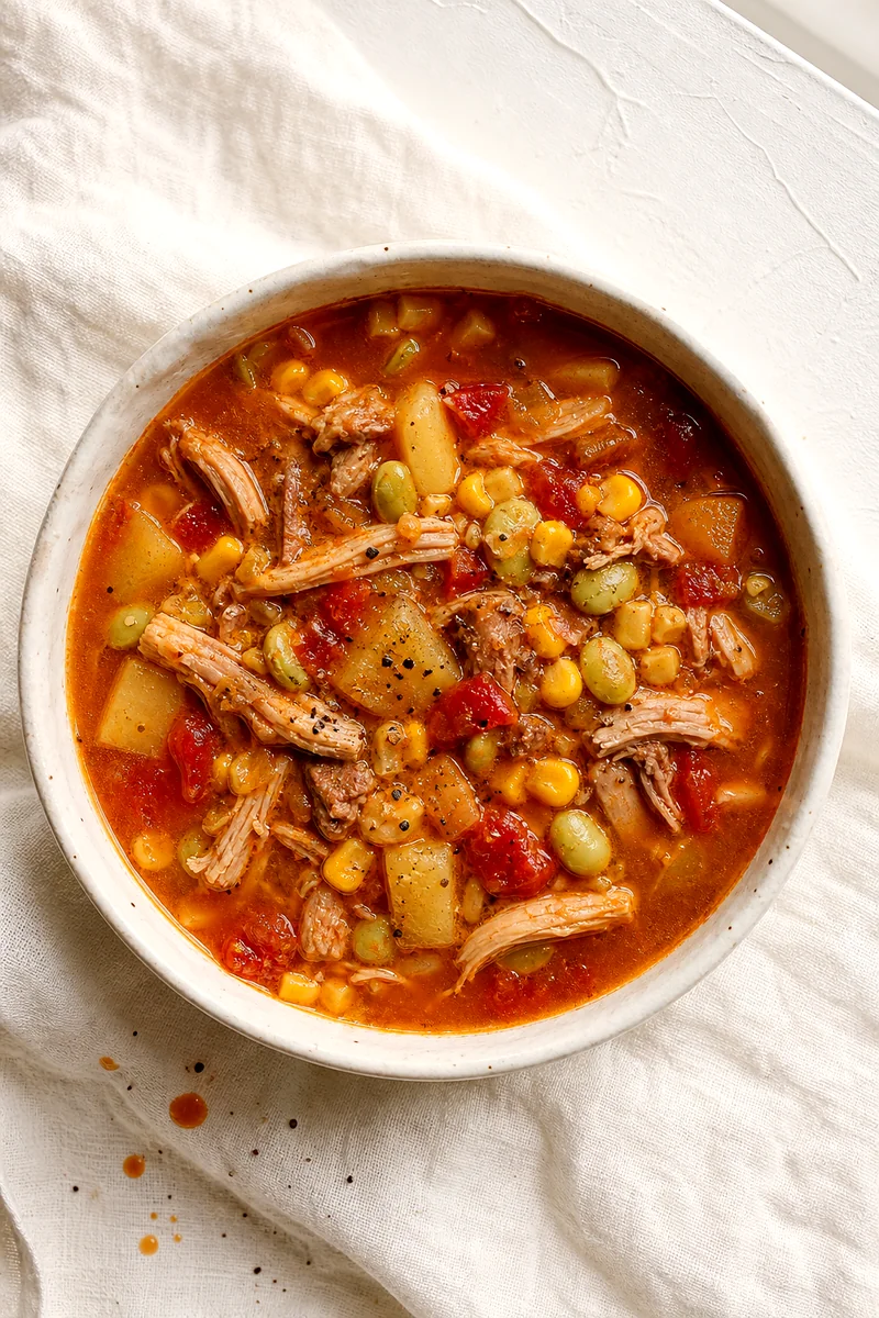 Top down view of Brunswick stew in a white bowl with shredded meat, potatoes, corn, and lima beans