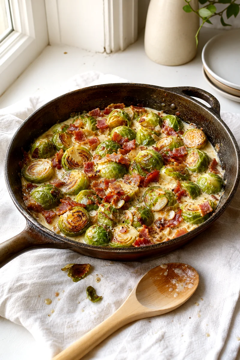 Brussels sprouts browning in a skillet with bacon, shallot, garlic, and simmering cream