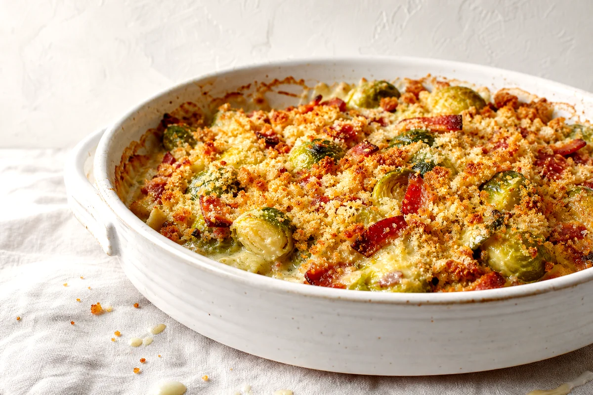 Creamy Brussels sprouts casserole with bacon and golden breadcrumb topping in a white ceramic dish