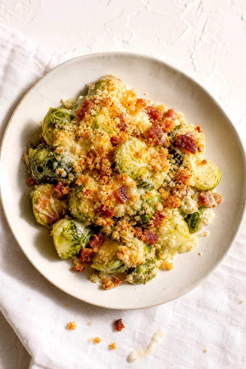 Serving of creamy Brussels sprouts casserole with bacon, melted cheese, and crisp breadcrumbs on a white plate