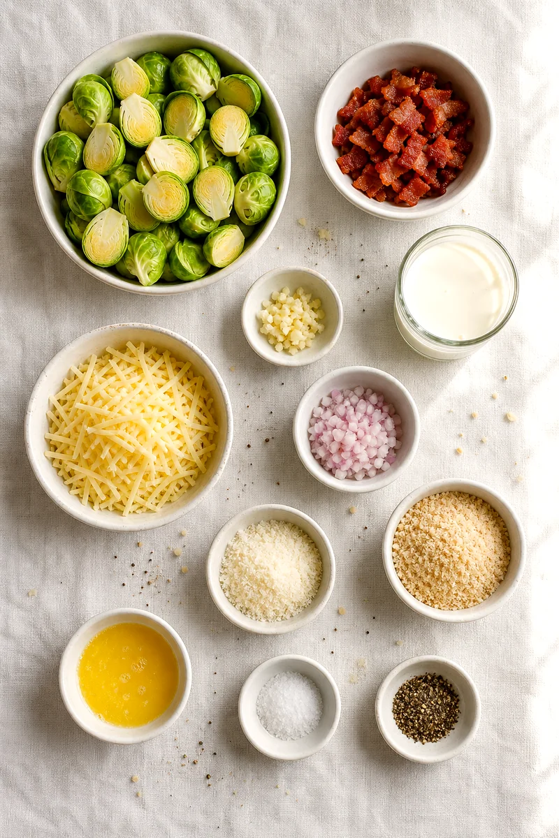 Brussels sprouts, bacon, cream, garlic, shallot, cheeses, breadcrumbs, butter, salt, and pepper arranged on white linen