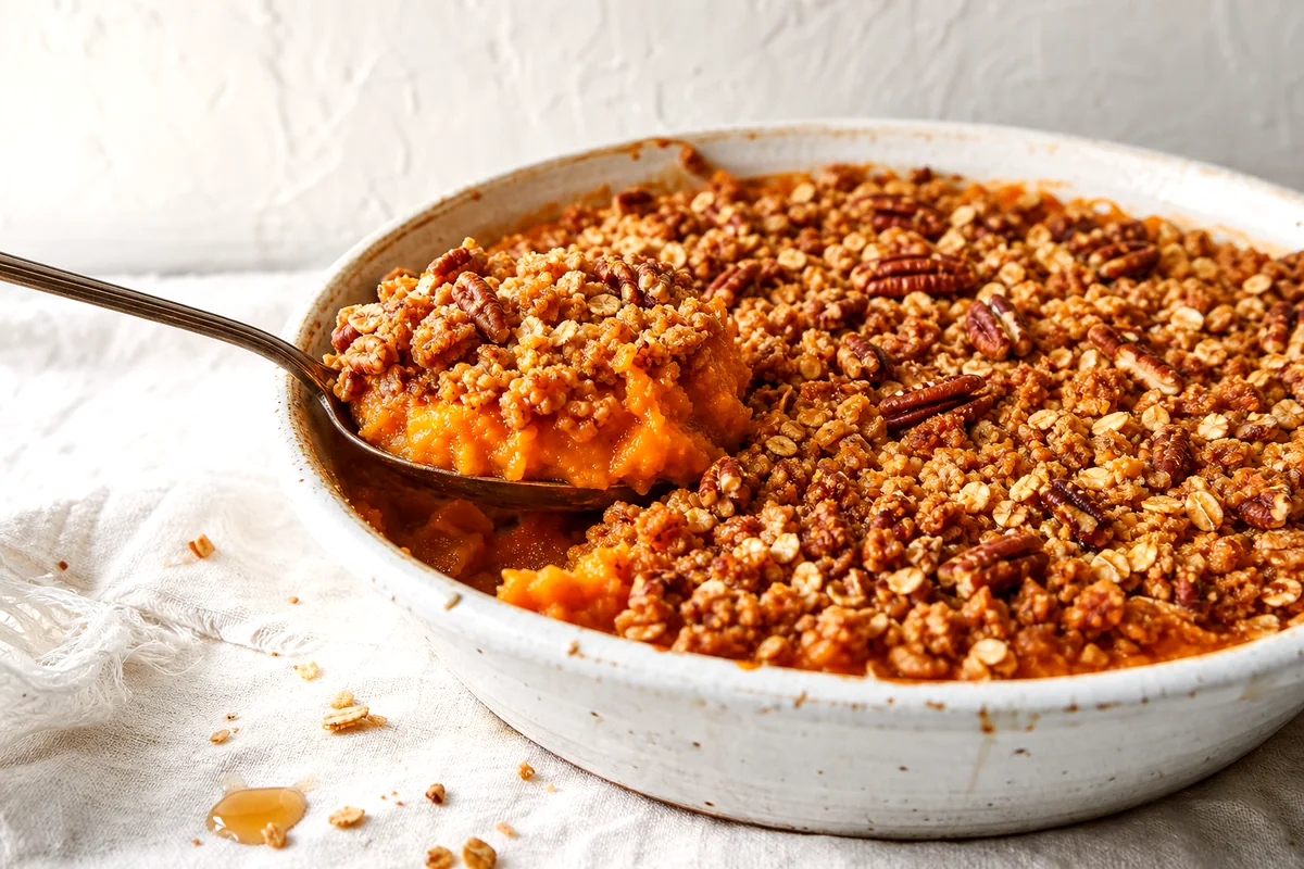 Creamy butternut squash casserole with golden pecan oat crumble in a white ceramic dish