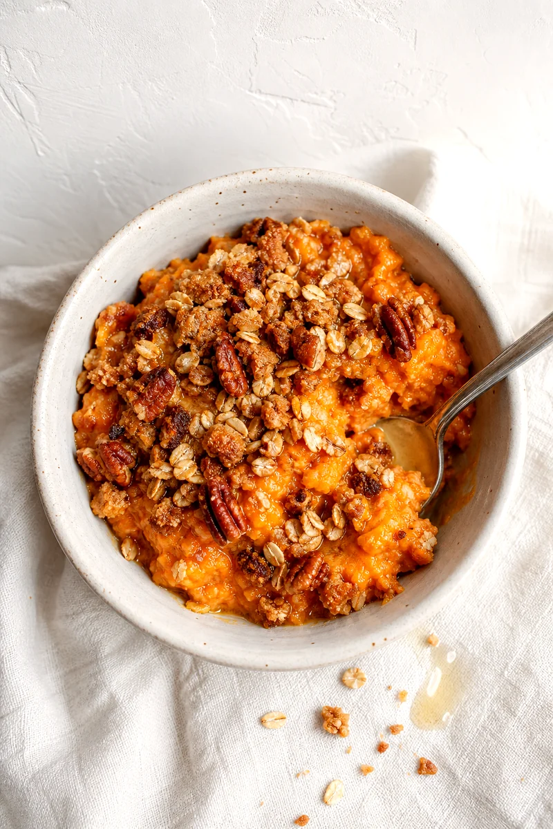 Spoonful of butternut squash casserole topped with toasted pecans and oats in a white bowl