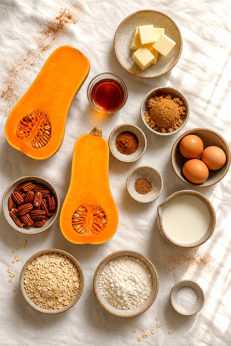 Butternut squash, maple syrup, spices, eggs, milk, pecans, oats, flour, butter, and salt on white linen