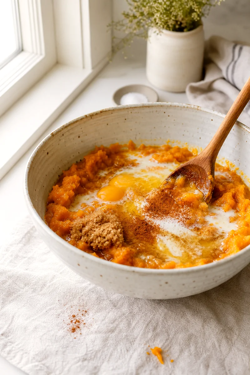 Mashed roasted butternut squash being stirred with maple syrup, spices, eggs, and milk