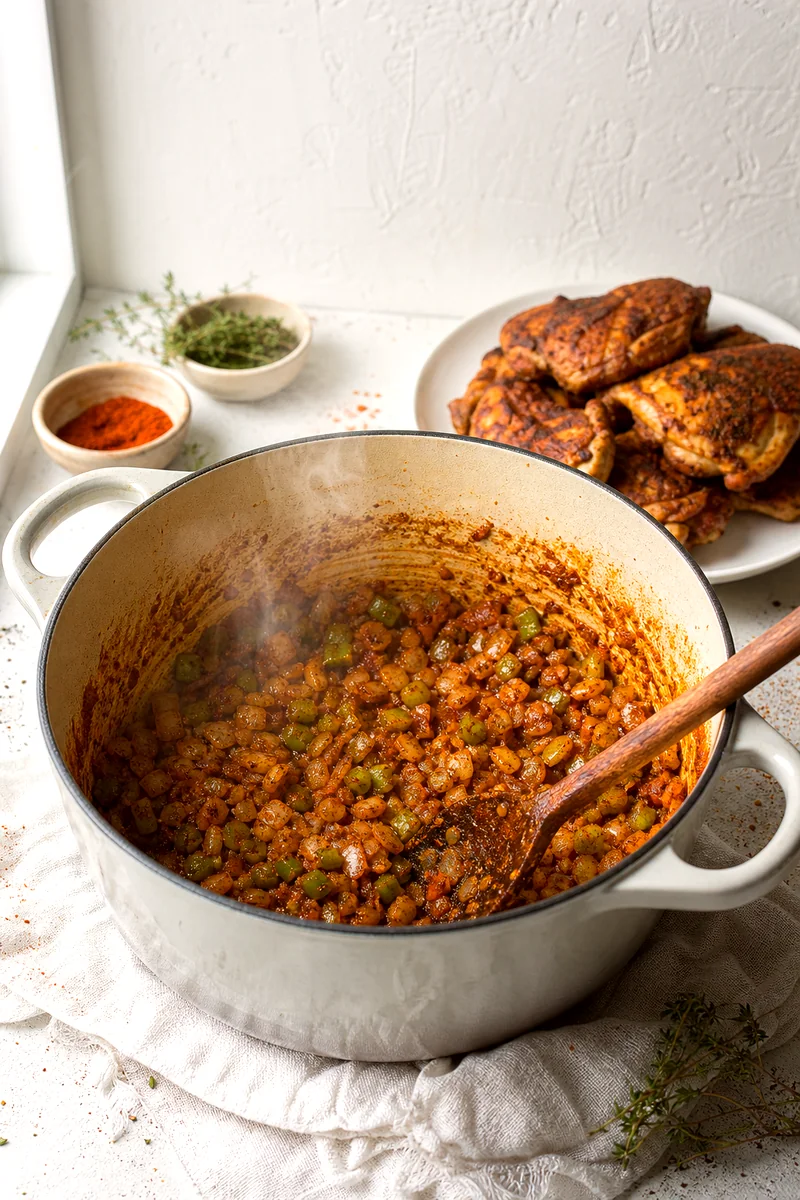 Vegetables, flour, and Cajun spices cooking in a pot with browned chicken beside it