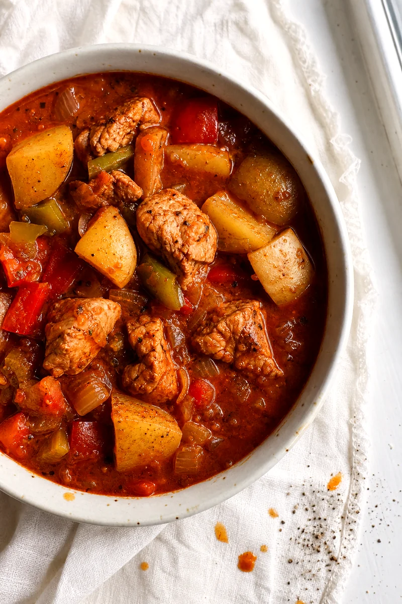 Top view of thick Cajun chicken stew with potatoes and vegetables in a white bowl
