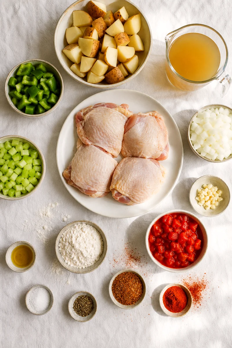 Raw chicken thighs, potatoes, vegetables, broth, tomatoes, flour, oil, and spices arranged on white linen