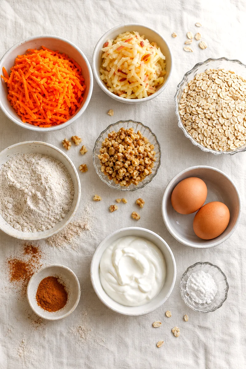 Grated carrots, apple, oats, flour, walnuts, eggs, yogurt, cinnamon, and baking powder arranged on white linen