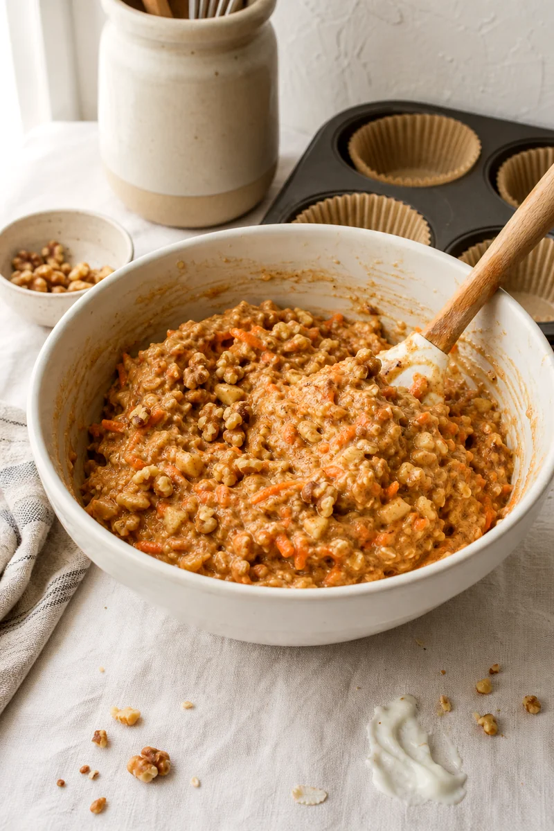 Walnuts being folded into thick carrot apple muffin batter in a white ceramic bowl