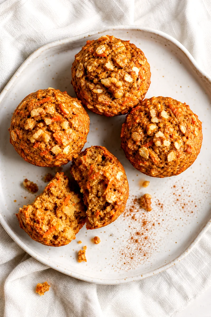 Split carrot apple muffin showing moist crumb with oats, apple, carrot, and walnuts