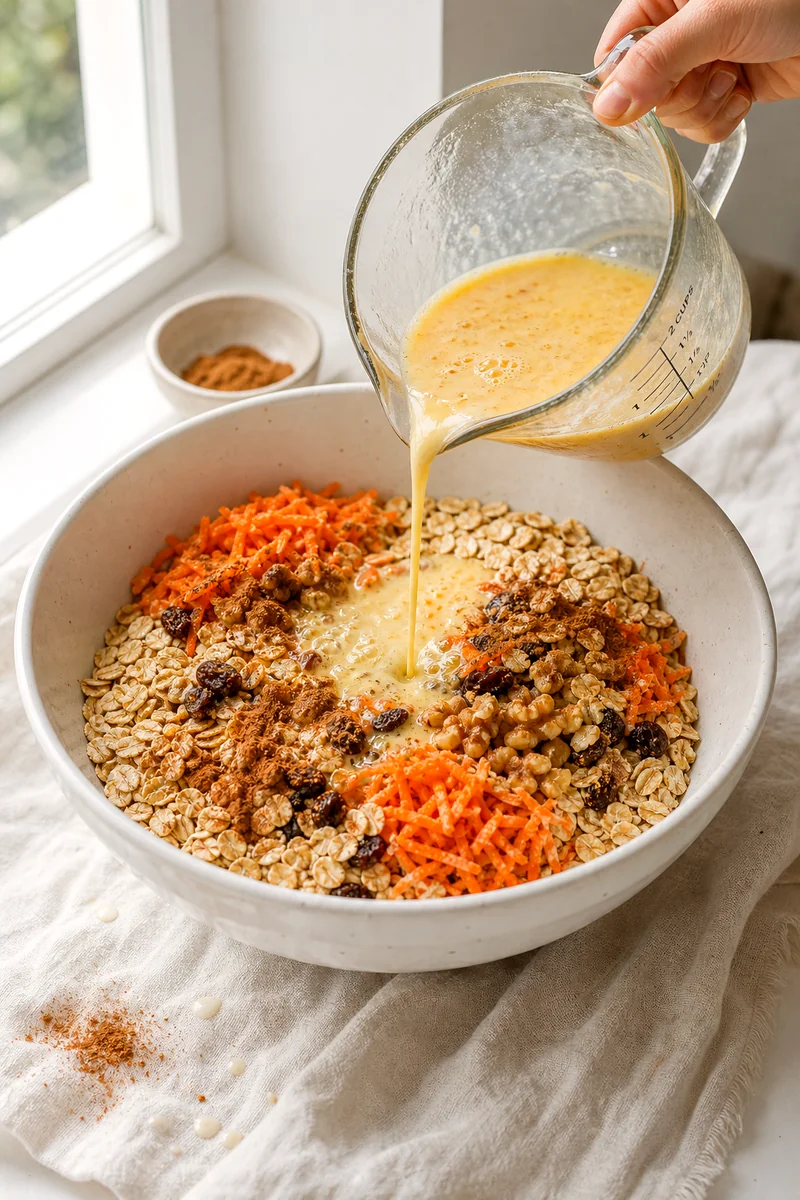 Milk and egg mixture being poured into oats, grated carrots, raisins, walnuts, and spices in a white bowl