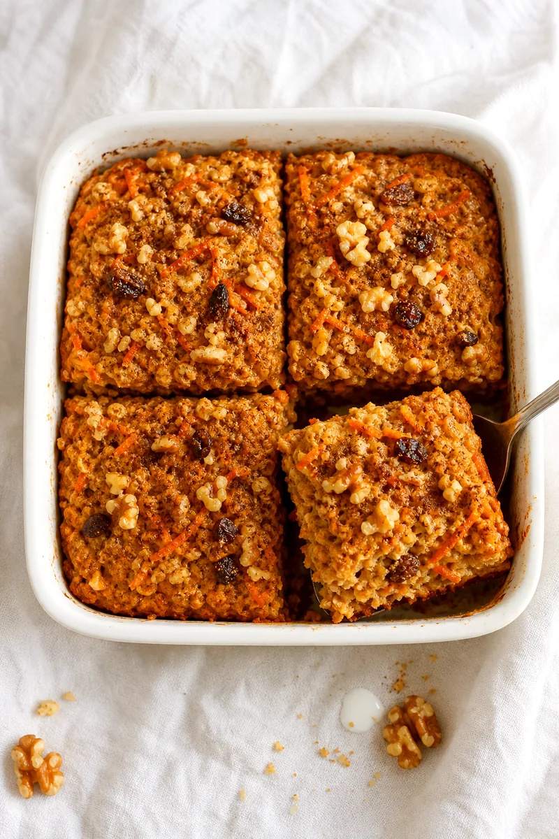 Golden carrot cake baked oatmeal squares with walnuts and raisins in a white ceramic baking dish
