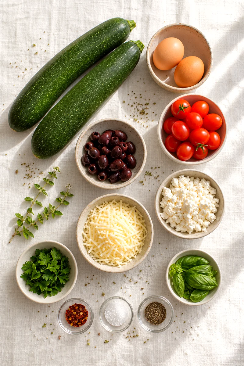 Zucchini, eggs, tomatoes, olives, feta, herbs, spices, and shredded cheese arranged on white linen