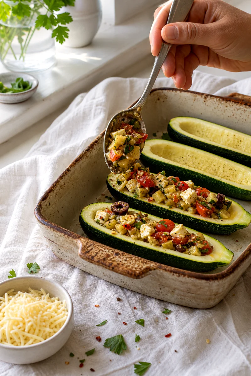 Zucchini halves being filled with tomato, olive, feta, herb, and egg mixture in a baking dish