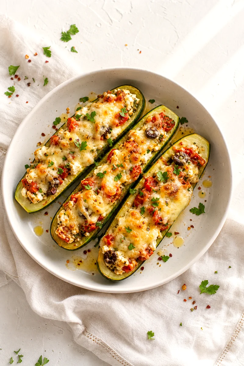 Golden baked zucchini boats topped with melted cheese, herbs, tomatoes, and olives