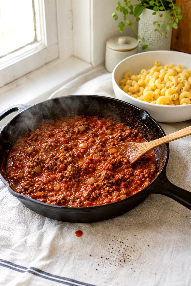 Ground beef sauce simmering in a skillet beside cooked elbow macaroni on white linen