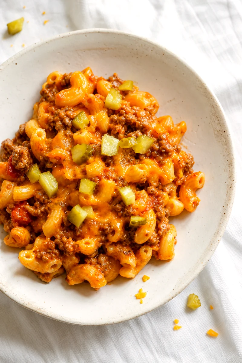 Serving of cheeseburger casserole topped with cheddar and chopped pickles on a white ceramic plate