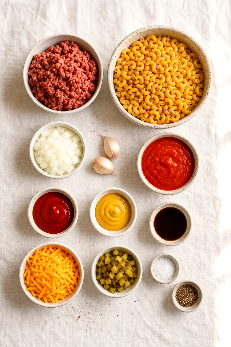 Ground beef, elbow macaroni, cheddar, tomato sauce, condiments, onion, garlic, and pickles arranged on white linen