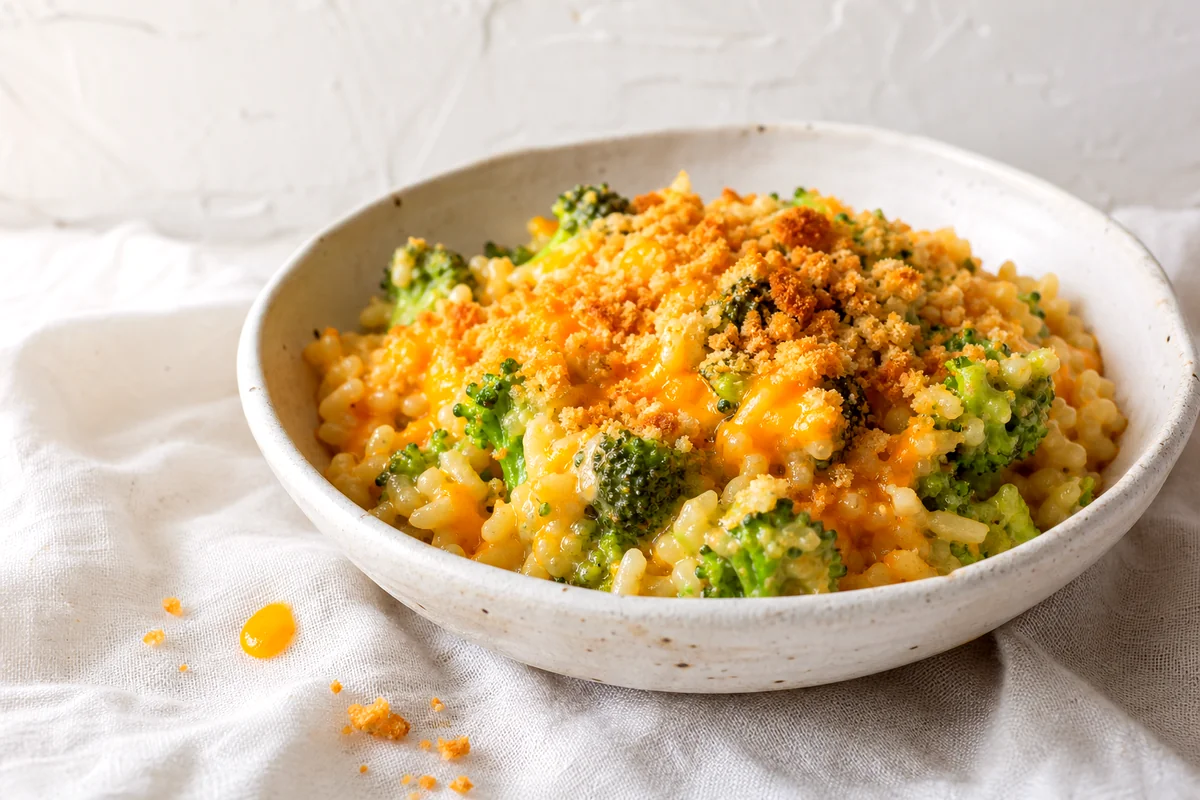 Creamy broccoli rice casserole with cheddar and golden breadcrumbs in a white ceramic bowl