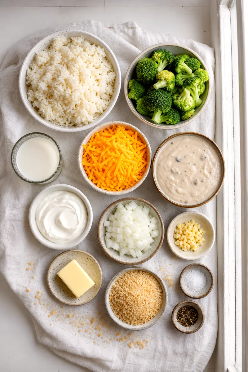 Cooked rice, broccoli, cheddar, mushroom soup, milk, sour cream, onion, garlic, butter, and breadcrumbs on white linen