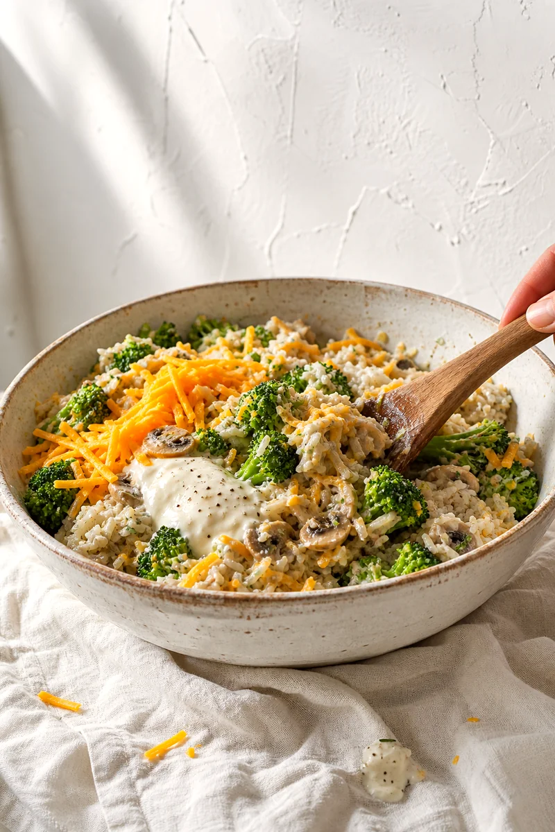 Wooden spoon folding broccoli, rice, cheddar, and creamy sauce in a white ceramic bowl