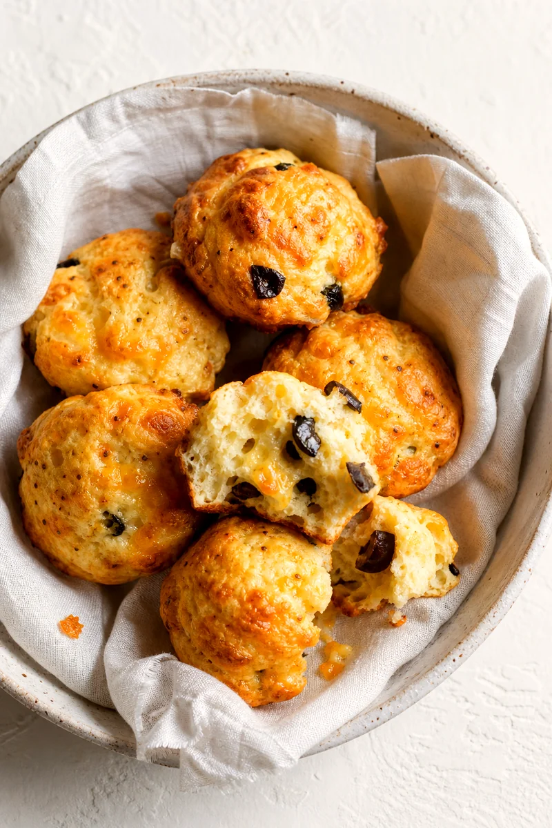 Savory cheese muffins in a ceramic bowl with one muffin broken open to show the soft crumb
