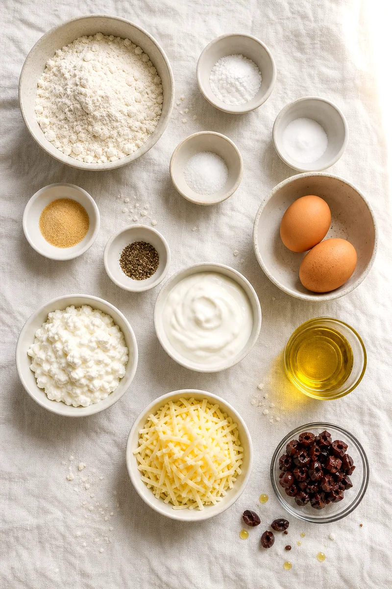 Measured flour, eggs, yogurt, cottage cheese, shredded cheese, olives, oil, and seasonings on white linen