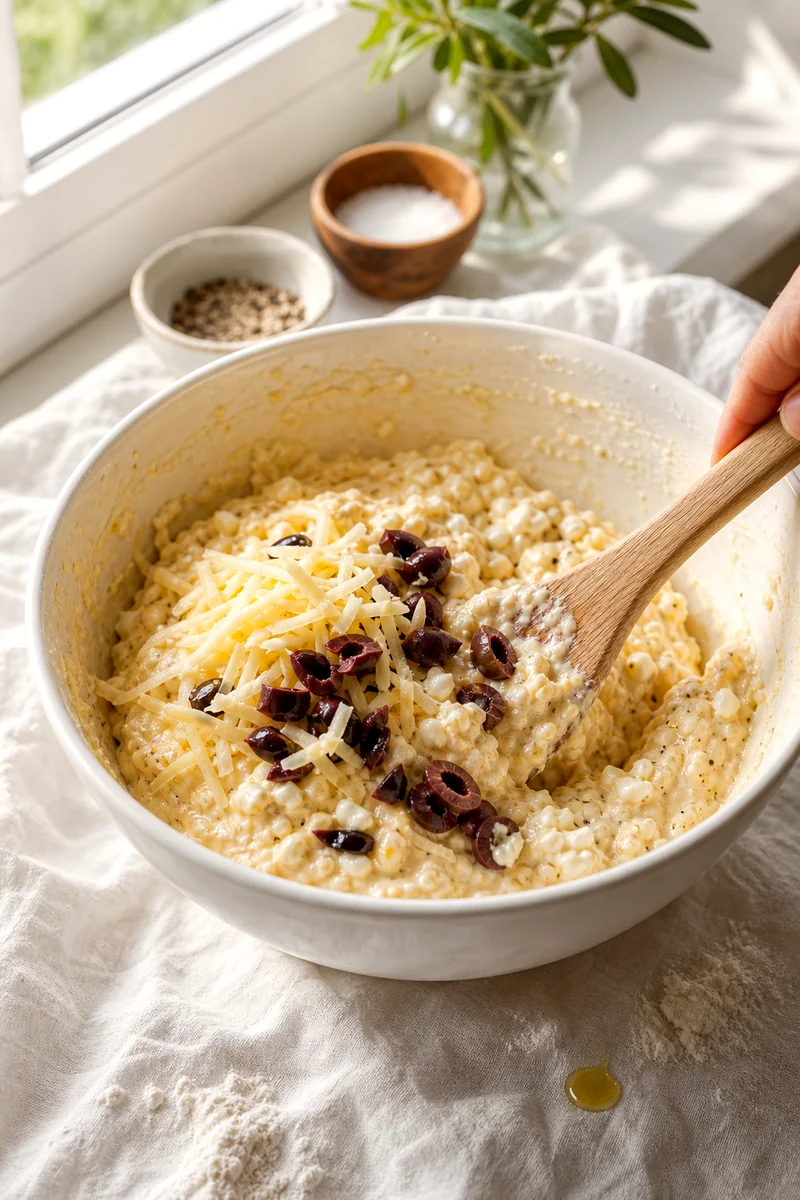 Thick savory muffin batter with shredded cheese and chopped olives being folded in a ceramic bowl