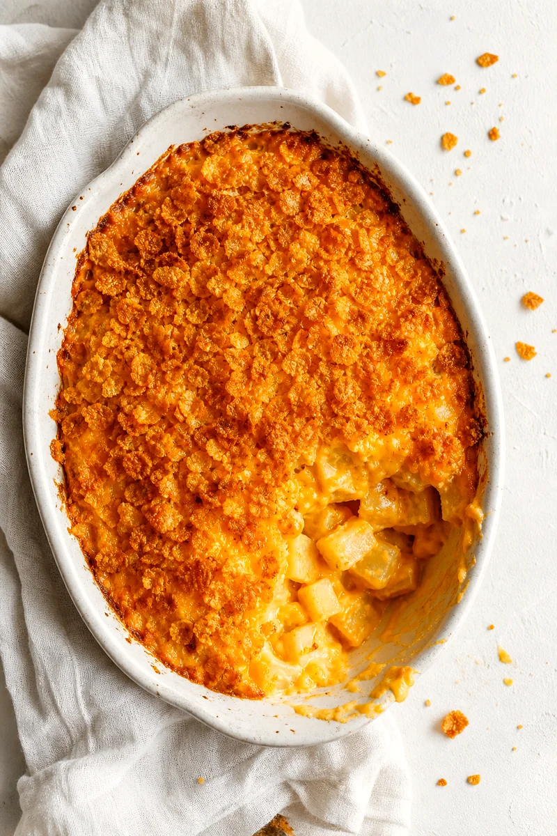 Top down view of baked cheesy potato casserole with one creamy serving scooped out