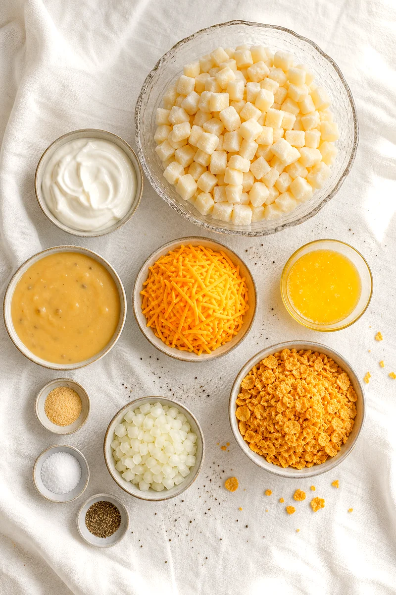 Measured potatoes, cheddar, sour cream, soup, butter, onion, spices, and cornflakes on white linen