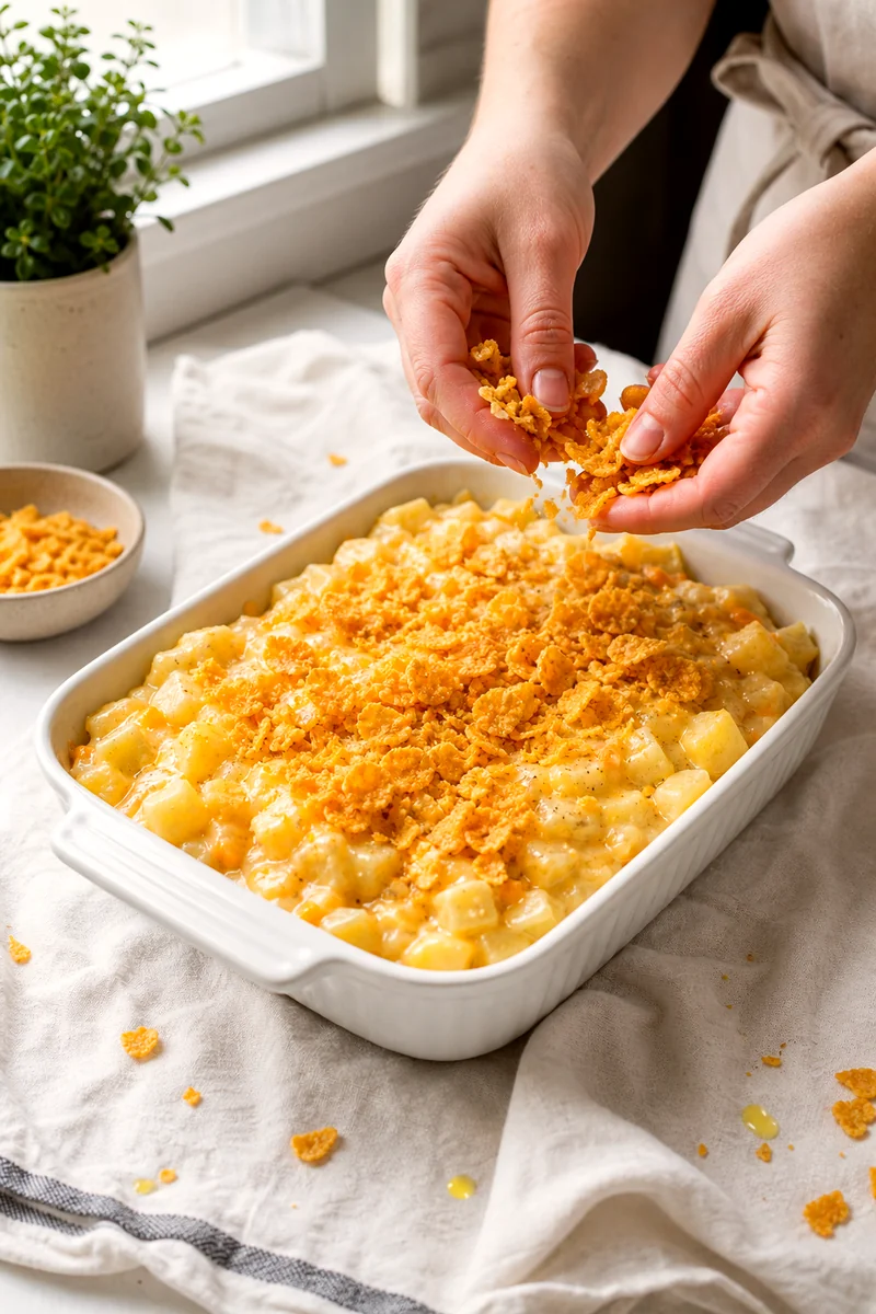 Hands sprinkling buttered crushed cornflakes over creamy potato casserole before baking