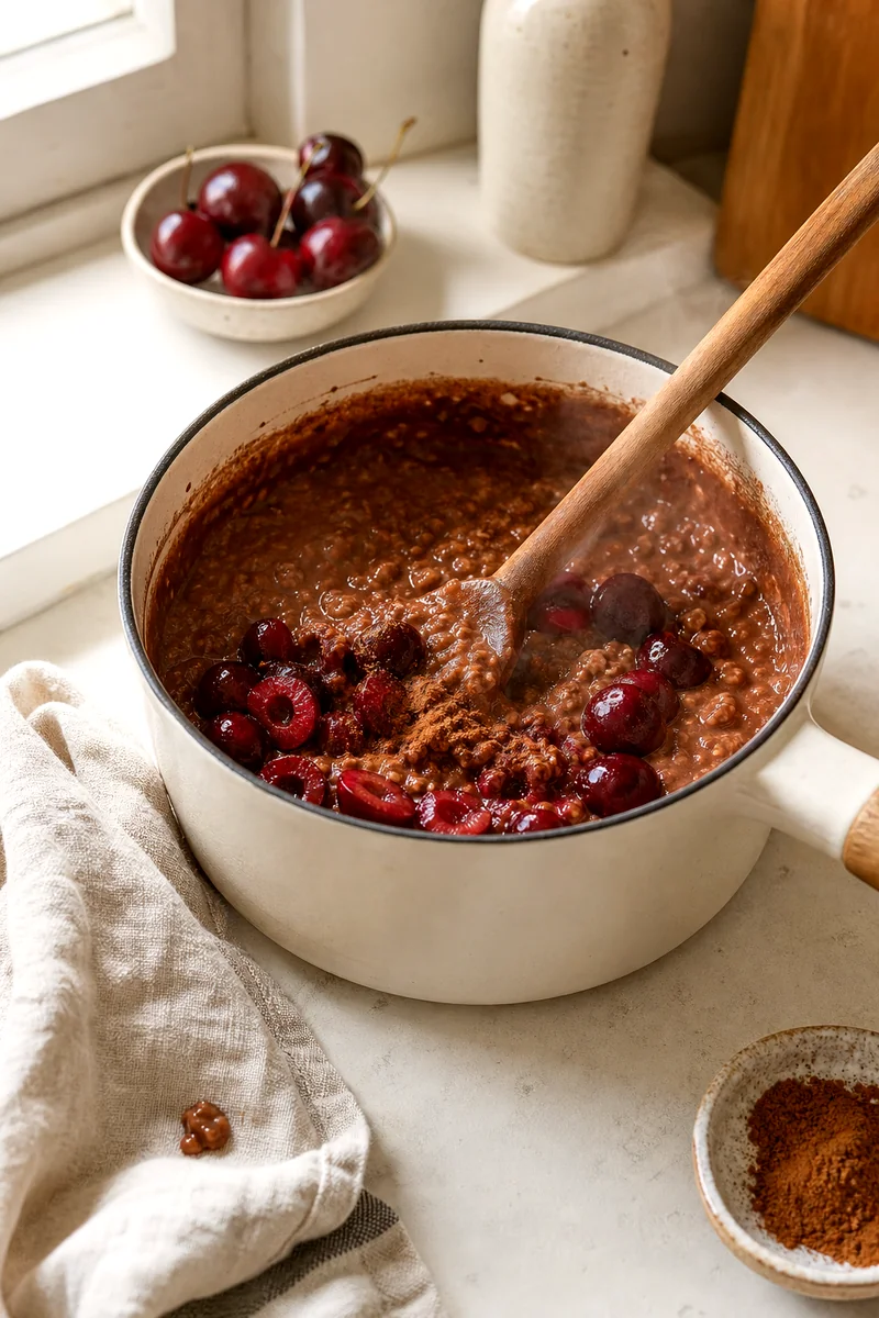 Wooden spoon stirring cherries and cinnamon into creamy cocoa oatmeal in a saucepan