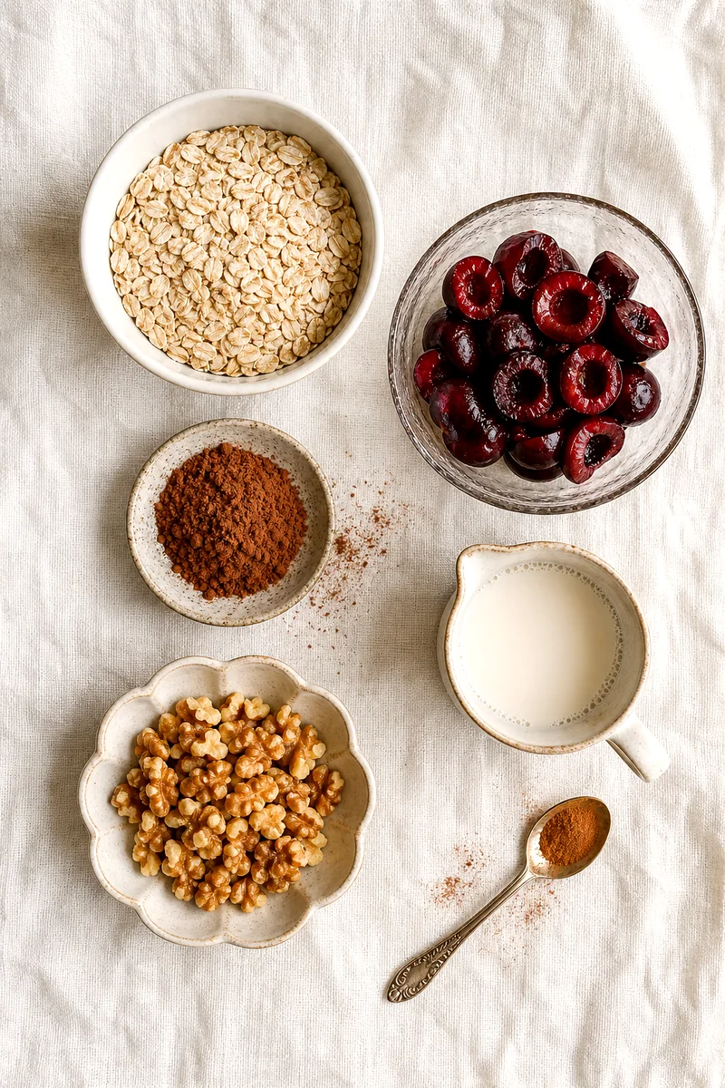 Rolled oats, cherries, cocoa powder, walnuts, milk, and cinnamon arranged on white linen